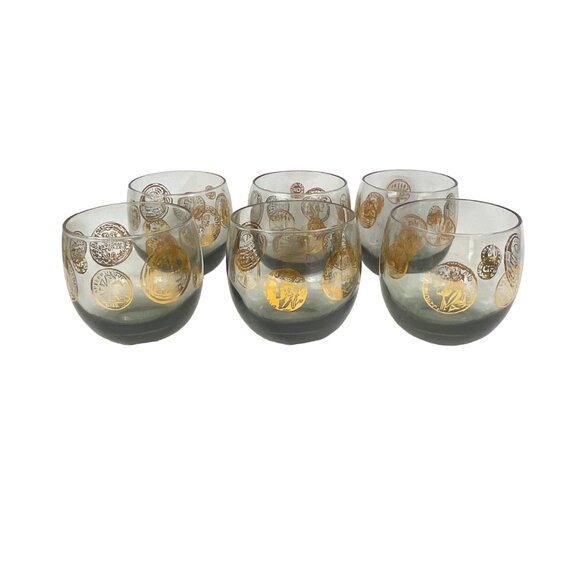 Vintage Mid-Century Lowball Glasses Set of 6 Coin Design 22K Gold Accents Smoky - Picture 5 of 10